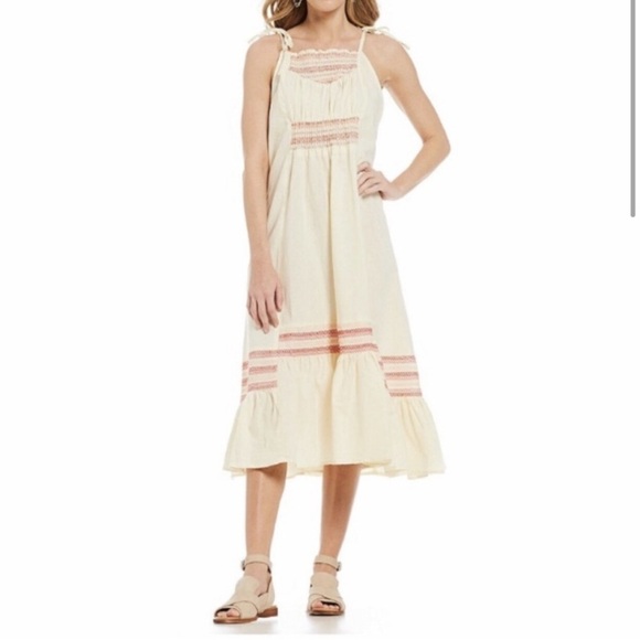 FREE PEOPLE | Another Love Smocked Midi Dress Sz S Linen Cotton Blend - Picture 1 of 8